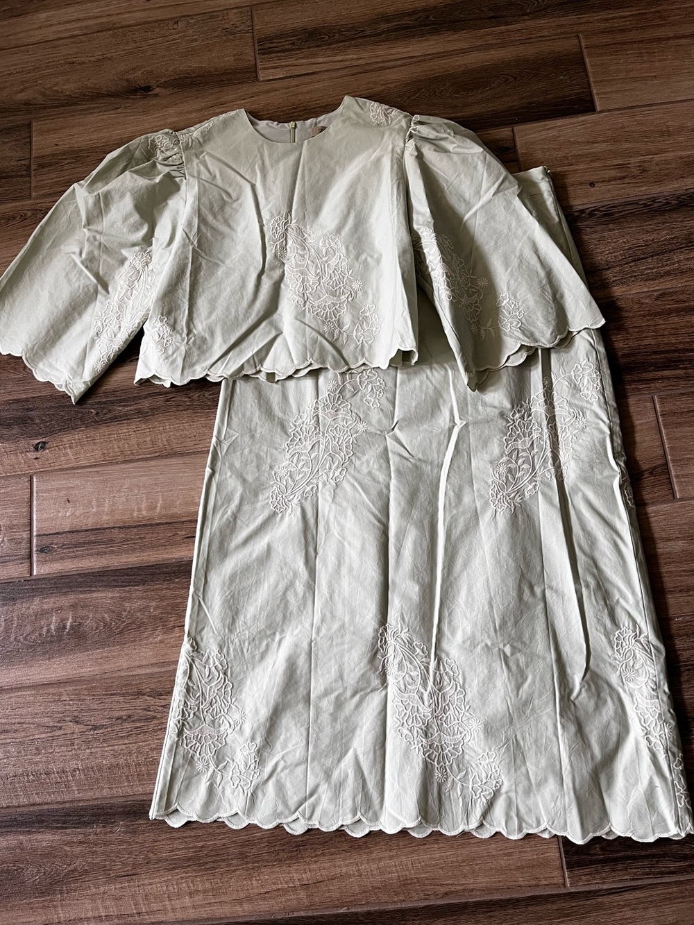 September Scalloped Embroidered Two-Piece Set in Light Sage